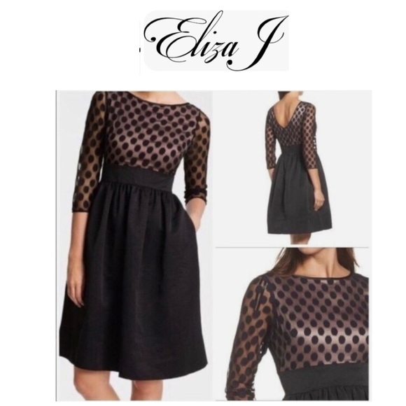 Eliza J Elegant Black Mesh Polka Dot Bodice Fit And Flare Dress 10 - Picture 1 of 15